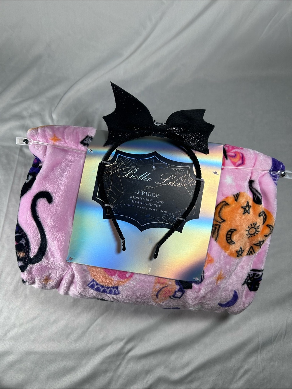 NEW Bella Lux Halloween Pink Kids Throw Blanket & Bat Wing Headband 2 Piece Set - Picture 9 of 10